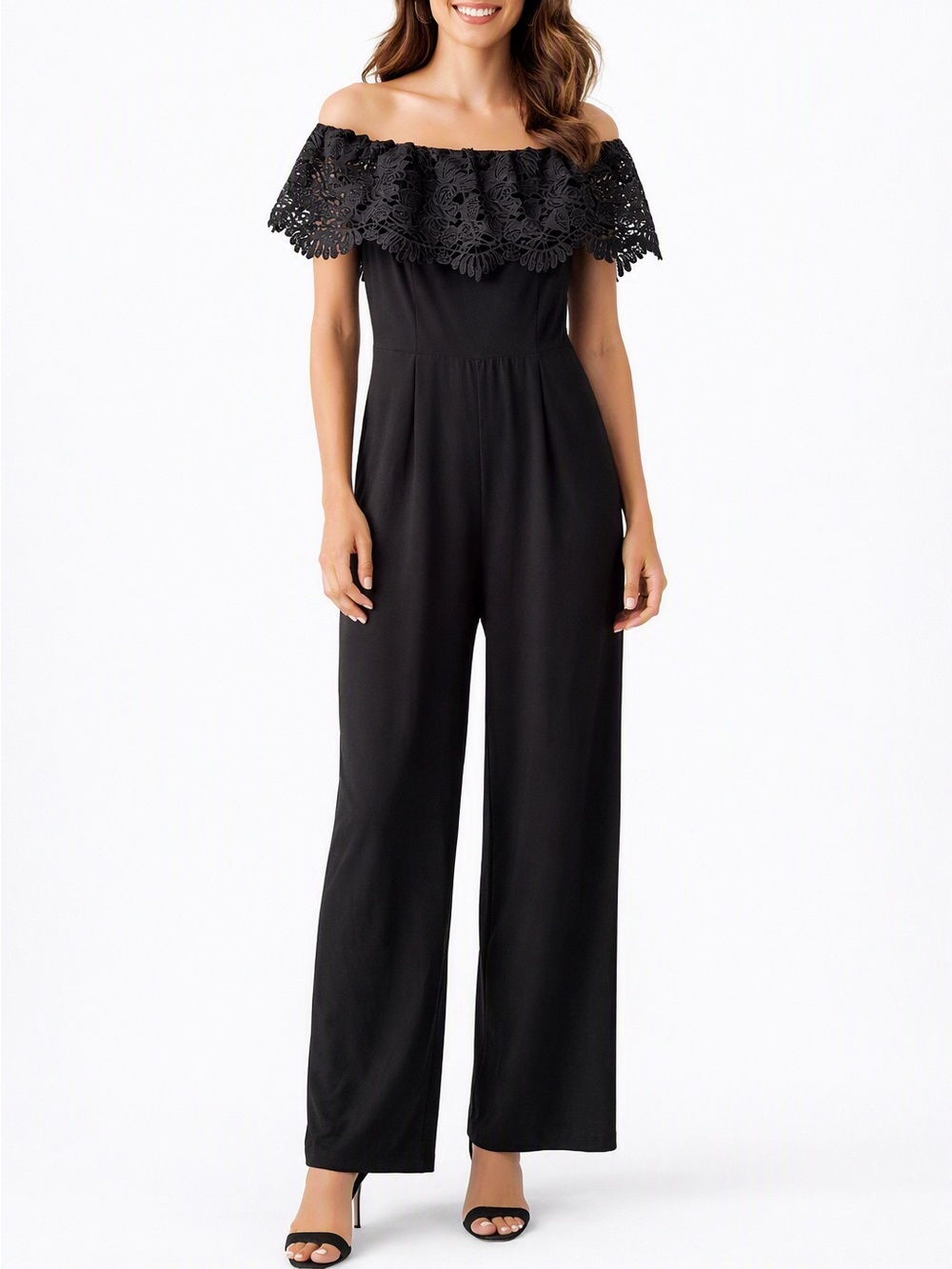 NWT Marina Dresses Black Off-the-Shoulder Crochet Lace Wide Leg Jumpsuit Size 8